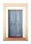 Light blue wooden double door set in a cream wall with white trim
