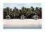 Three small beach huts among palm trees on a white sandy shore by calm turquoise water.