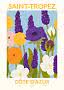 Vintage-Reiseposter von Saint-Tropez mit bunten Blumen auf hellblauem Hintergrund