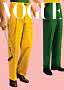 Two models in yellow and green trousers on a pink background with large Vogue lettering