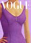 Illustration of a purple fitted strappy dress with three front buttons, with Vogue text at the top