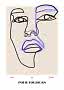 Abstraktes Line-Art-Poster mit Gesicht in Schwarz und Lila auf beigem Hintergrund, Text unten