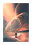 Astronaut standing on a beach beneath विशाल ringed planets in a dreamy sci-fi landscape