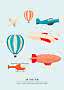 Illustration of aircraft: planes, hot air balloons, propeller plane, airship and helicopter on light blue