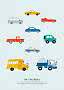 Ilustración de varios vehículos: taxi, furgoneta, coche deportivo, coche, camioneta, todoterreno, coche de policía, autobús y camión