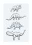 Illustration de quatre dinosaures en dessin au trait noir sur fond bleu clair