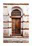 Puerta de madera antigua en arco con reja de hierro forjado sobre pared blanca desgastada