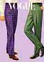 Fashion image of purple plaid trousers and green pinstripe trousers with white blouse.