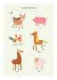 Plakat med søde illustrationer af bondegårdsdyr: ko, gris, hane, høne, hest, lama og får.