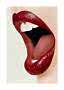 Close-up of open lips with dark red lipstick, visible teeth and tongue