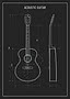 Teknisk tegning af akustisk guitar set forfra og fra siden med mål på sort baggrund