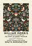 Plakat for William Morris-udstilling med symmetrisk blomstermønster og fugle på mørk baggrund