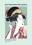 Poster einer japanischen Geiko im roten Kimono mit Haarnadeln und Fächer, Text Miyagawacho Geiko.