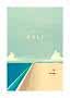Vintage-Reiseposter mit Schriftzug „Visit Bali“, Strand, Meer und kleinem Sonnenschirm