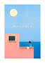 Poster con scritta "Visit Mallorca", edificio rosa, vista mare e persona sul balcone al sole