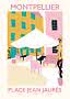 Illustriertes Reiseposter vom Place Jean Jaurès in Montpellier mit Cafétischen und Sonnenschirm