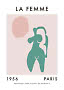 Abstraktes Poster mit grüner Frauenfigur, rosa Kreis und Text „LA FEMME 1956 PARIS“