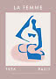 Abstraktes Poster mit sitzender Frauenfigur in Blau und Rosa, mit Text „La Femme“, Paris 1956.