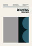 Minimalistyczny plakat Bauhaus z napisem 1919-1933 i abstrakcyjnymi formami geometrycznymi w szarości i błękicie