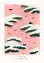 Japanese print of a pink sky with white and green clouds and black birds in flight