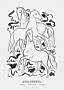 Black-and-white drawing of three stylized horses with text at the bottom