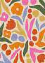 Abstract floral pattern with colorful flowers, leaves, and organic shapes on a light background