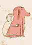 Illustration einer Person, die einen großen rosa Hund auf hellem Hintergrund umarmt