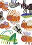 Gemusterte Illustration mit bunten handgezeichneten Bienen, Fliegen, einer schwarzen Ameise und Heuschrecke.