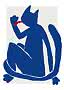 Stylized blue cat with red bow, sitting with raised paw on a light background