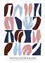 Abstract poster with organic shapes in blue, pink and brown on a white background.