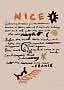 Abstract poster with the word NICE, handwritten text, and black and orange organic shapes on beige