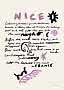 Poster with NICE in purple, handwritten text, and abstract black and purple shapes on a light background