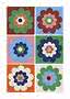 Poster with six colorful graphic flowers in a grid on different backgrounds
