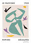 Abstract exhibition poster with turquoise figure and colorful cutout shapes on a light background.