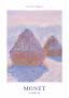 Monet poster with impressionist painting of two haystacks in snow, Giverny, France