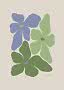Abstract floral poster with large blue and green flowers on a beige background