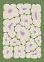 Abstract floral print with creamy white flowers and purple centers on a green background
