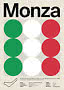 Grafisches Monza-Poster mit grünen, weißen und roten Kreisen sowie Streckenplan und Text unten.