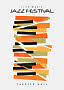 Abstrakt plakat for live jazzfestival med orange, sorte og beige former og teksten Theater Hall