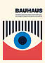 Bauhaus-plakat med stor blå cirkel, sorte lodrette streger og rød bund på lys baggrund