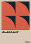 Poster astratto con quarti di cerchio arancioni in griglia blu scuro 2x2 e scritta QUADRANT