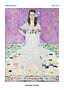 Poster med Gustav Klimts porträtt av en flicka i vit klänning mot lila blommig bakgrund.