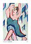 Expressionist painting of a dancing couple in the snow, with blue dress and pale abstract background