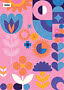 Kleurrijke retroprint met geometrische bloemen en vormen op roze achtergrond, gemarkeerd met 1966.