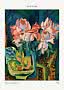 Expressive painting of pink roses in a vase with a green bowl and dark blue background.