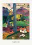 Colorful Gauguin painting with women, a child, and a large tree in a lush landscape