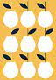 Motif graphique de poires blanches avec feuilles bleu foncé sur fond jaune moutarde