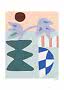 Abstraktes Gemälde mit lila Blumen, dunkelgrüner Vase und blau-weißem geometrischem Muster