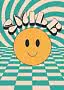 Poster smiley con volto giallo, sfondo turchese ondulato e pavimento a scacchi