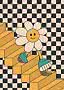 Illustrazione di un fiore sorridente con scarpe su scale dorate, sfondo a scacchi